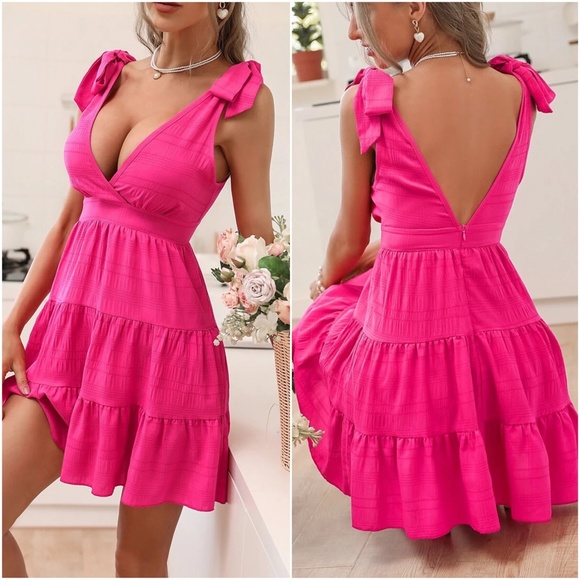 Boho Hot Pink Plunging Neck V Day Mini Dress - Picture 3 of 3